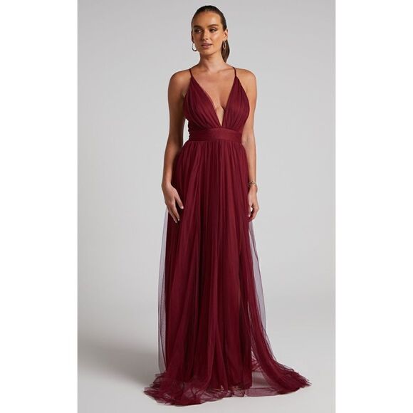 Showpo. Celebrate Tonight Maxi Dress Plunge Neck Tulle Dress in Wine, Small - Picture 1 of 15